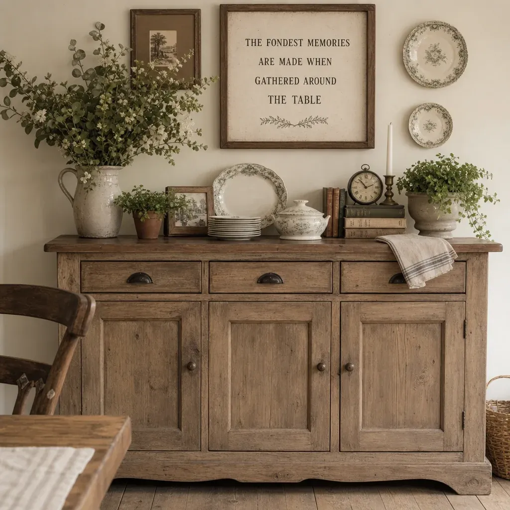 A rustic farmhouse style dining buffet decorated with vintage elements and fresh greenery in English