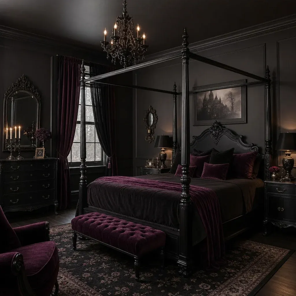 A modern gothic bedroom featuring dark walls, a black four-poster bed, and rich plum velvet accents