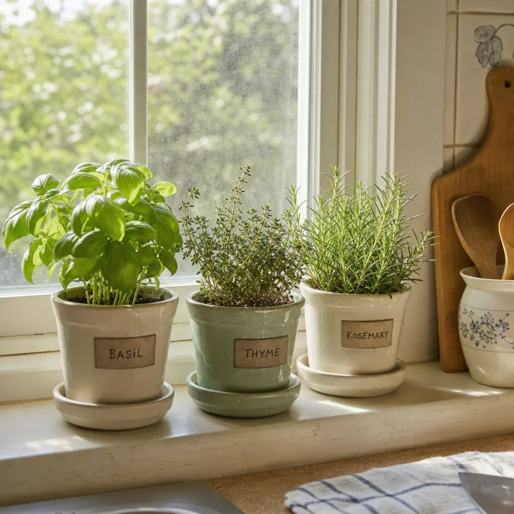 Small potted indoor herb garden sitting on a sunlit kitchen windowsill