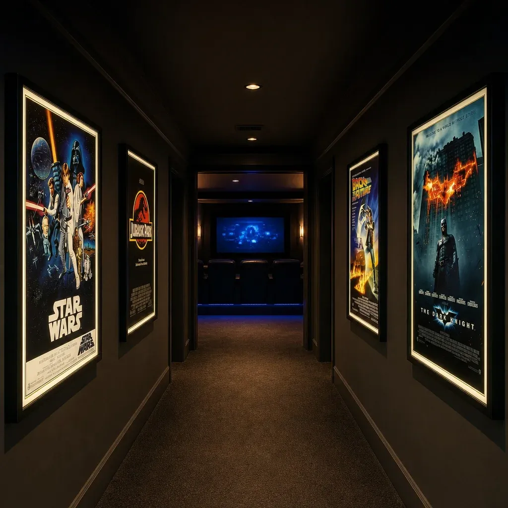 Illuminated movie poster frames lining a dark hallway leading into a media room