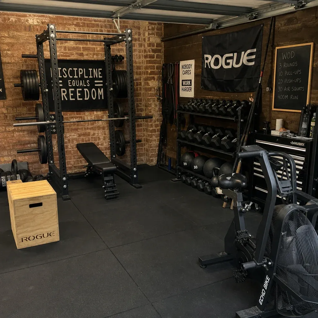 A rugged garage home gym featuring exposed brick, black metal racks, and heavy-duty rubber flooring