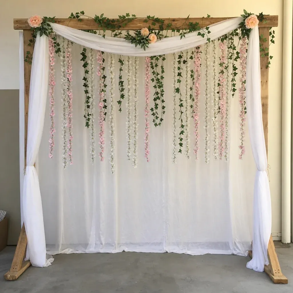 A DIY photo booth backdrop made of wooden frames, draped fabric, and hanging floral garlands