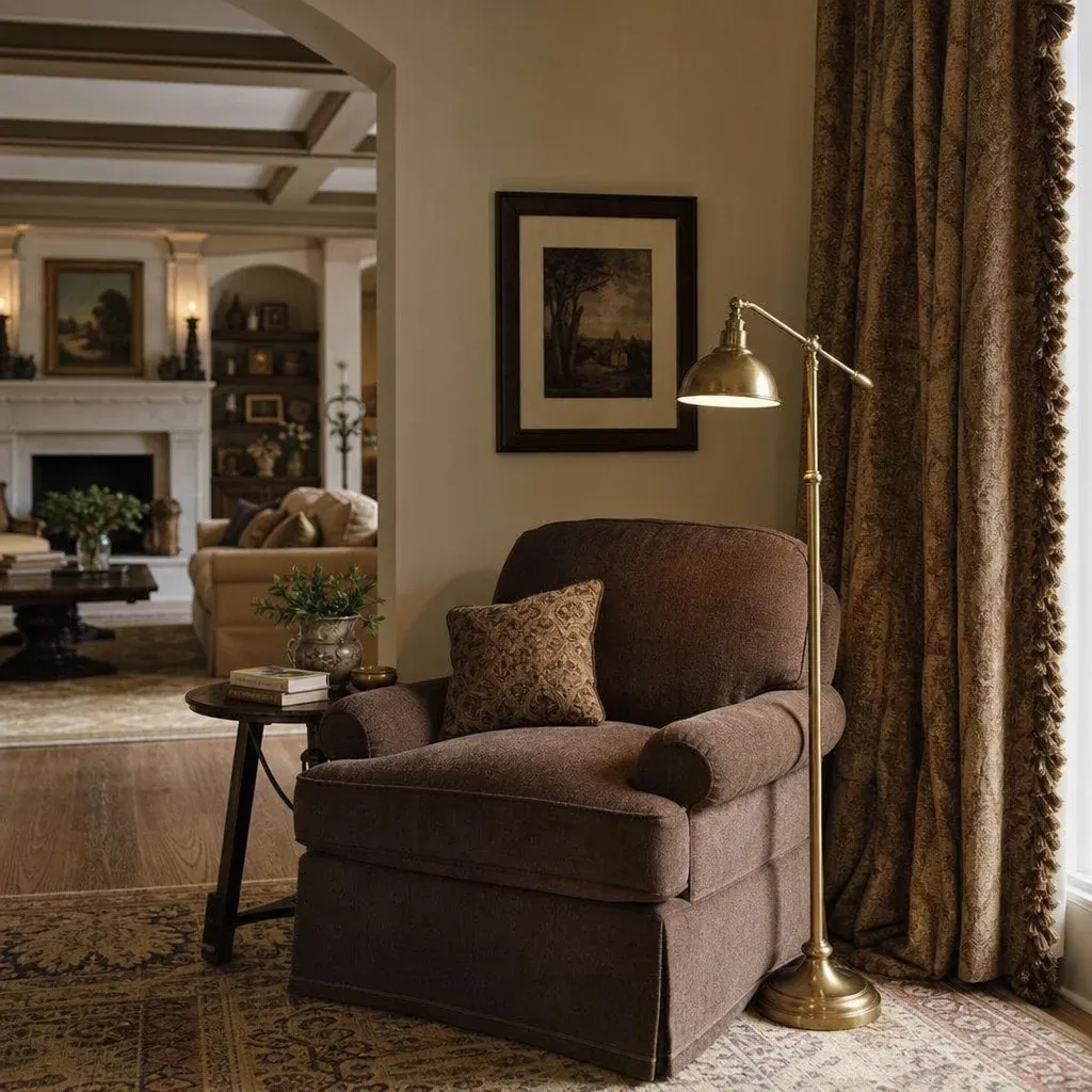 A cozy corner in a large living room showcasing a plush reading chair, a brass floor lamp, and heavy textured drapery