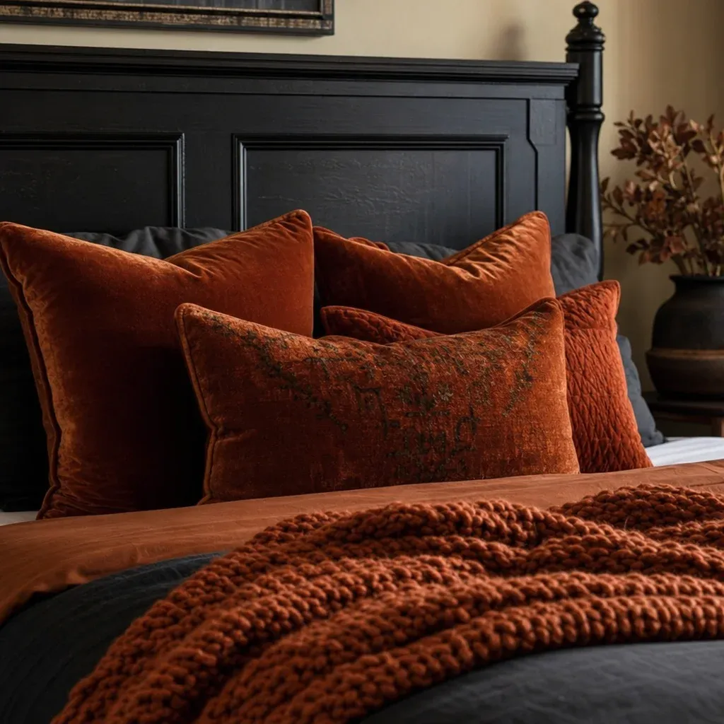 A close-up of a black wood bed layered with luxurious rust-colored velvet pillows and a chunky knit throw