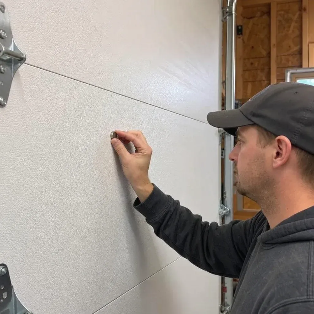 Person testing a garage door with a small magnet to see if magnetic hardware will adhere