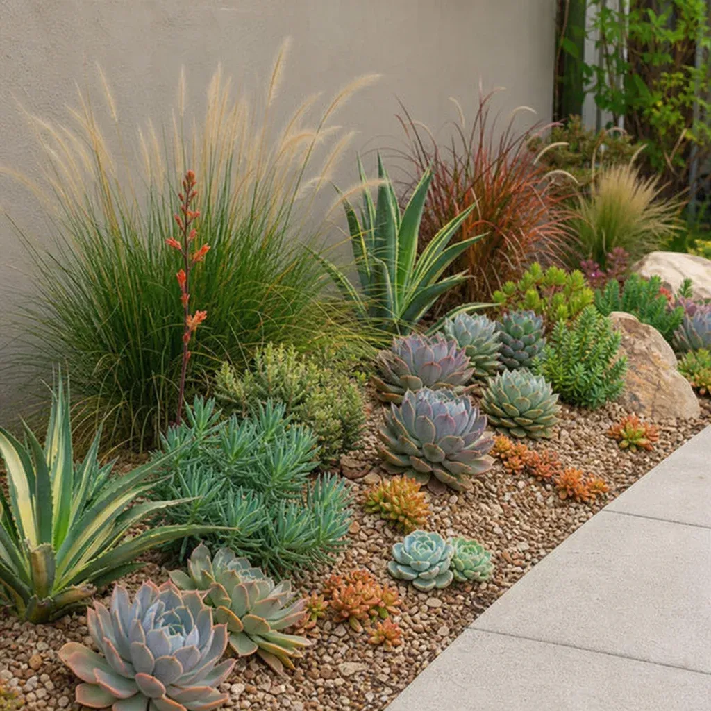 Drought-tolerant succulent and ornamental grass garden bed