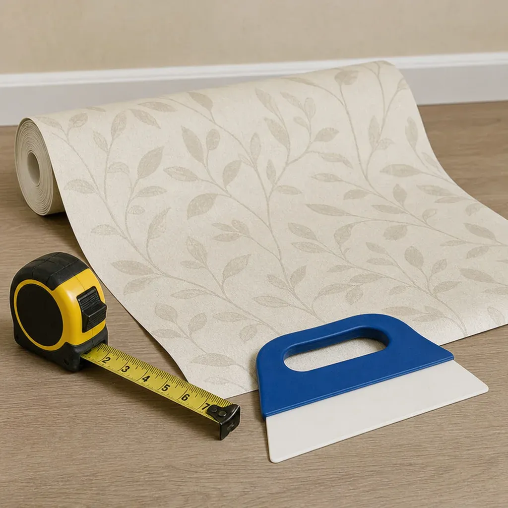Tools for installing wallpaper including a tape measure, smoothing tool, and an unrolled roll of wallpaper