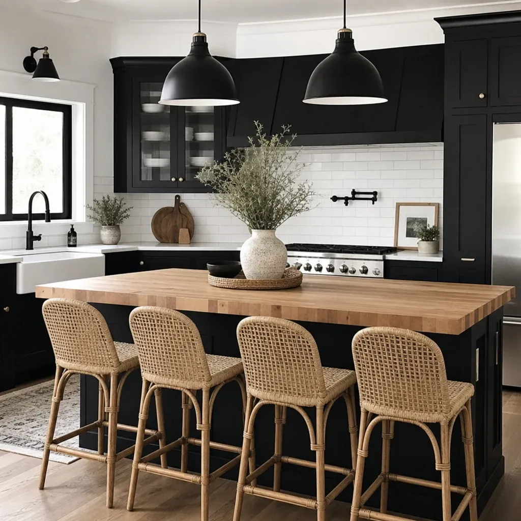 A stunning black and white kitchen featuring a large wooden butcher block island and woven rattan bar stools