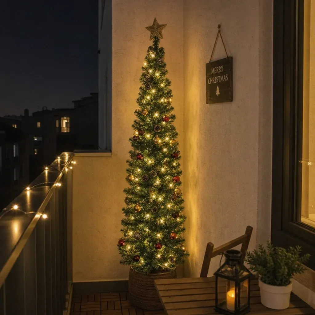 A slim pencil Christmas tree decorated with warm lights fitting perfectly in the corner of a small balcony