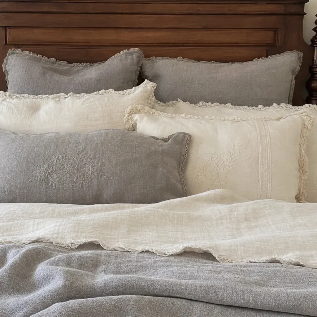Close-up of a bed featuring layered antique linen bedding in shades of cream and soft grey, paired with a wooden headboard