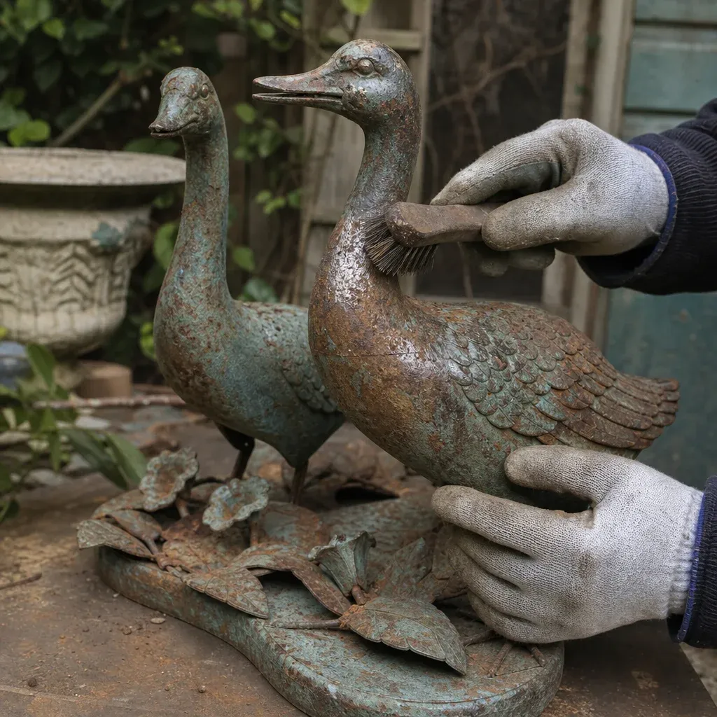 A pair of gloved hands restoring antique metal garden sculptures using a wire brush