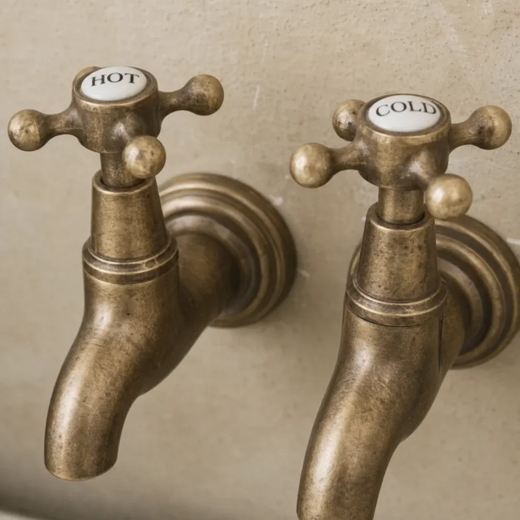 Close up of traditional crosshead taps in an antique brass finish