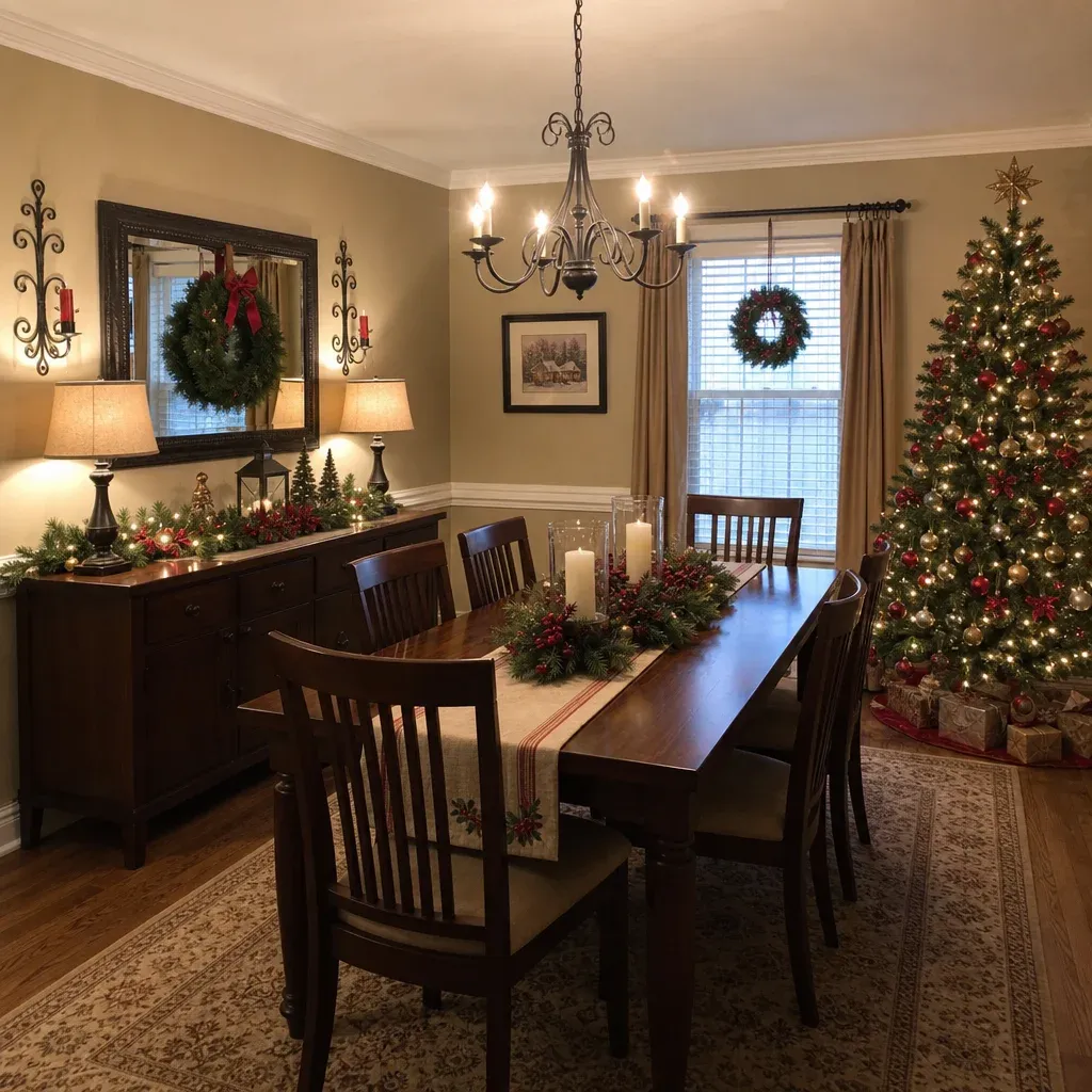 A wide shot of a dining room decorated for Christmas, showing a cohesive design between the table centerpiece, a decorated buffet, and a corner Christmas tree