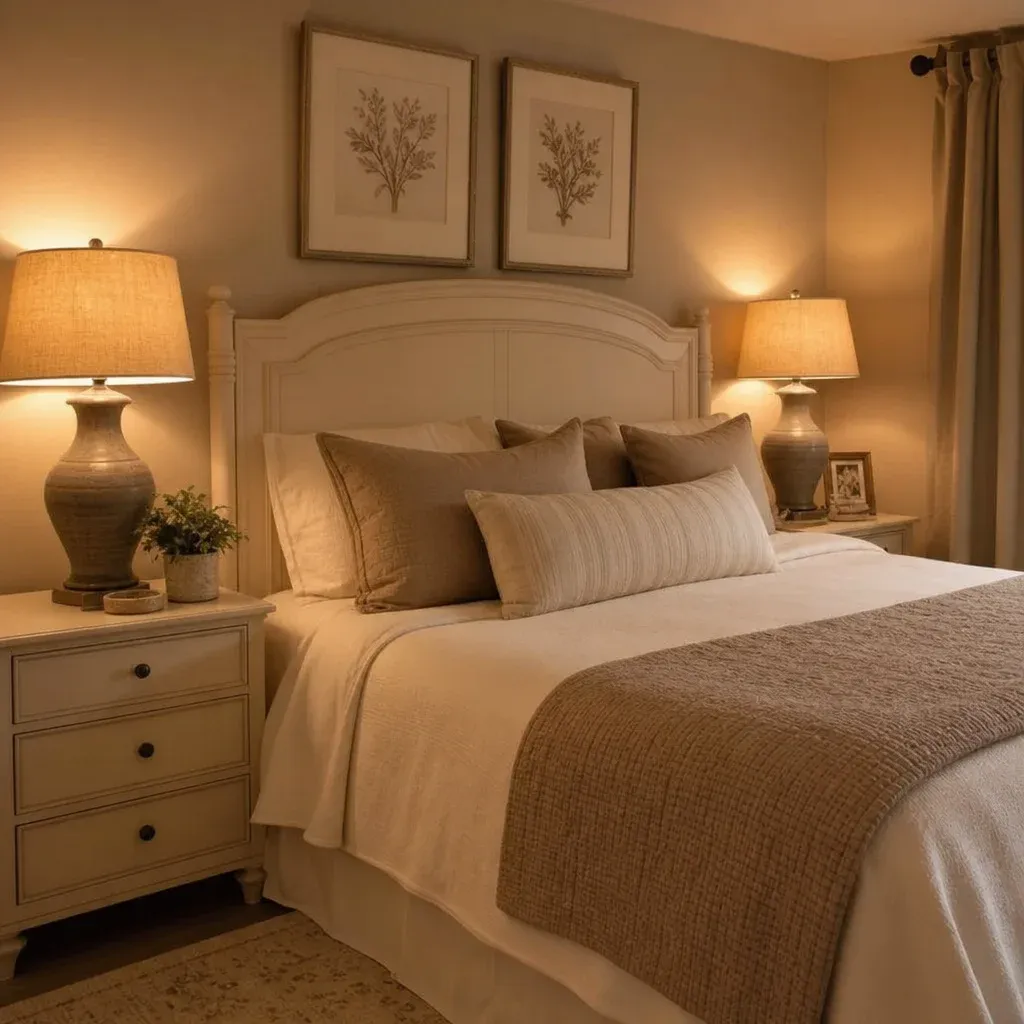 Warm table lamps with sand-colored shades casting a cozy glow over a cream and taupe bedroom setup
