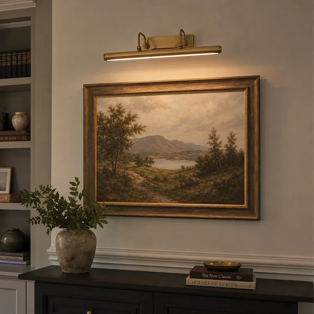 A stylishly decorated wall featuring a framed landscape painting illuminated by a sleek brass picture light