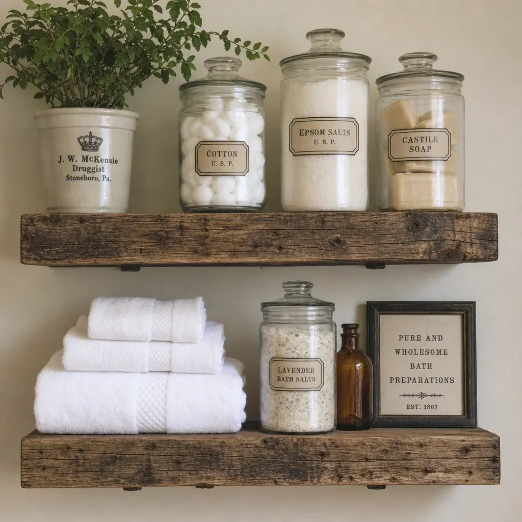 Vintage apothecary jars and fresh towels on reclaimed floating shelves in English