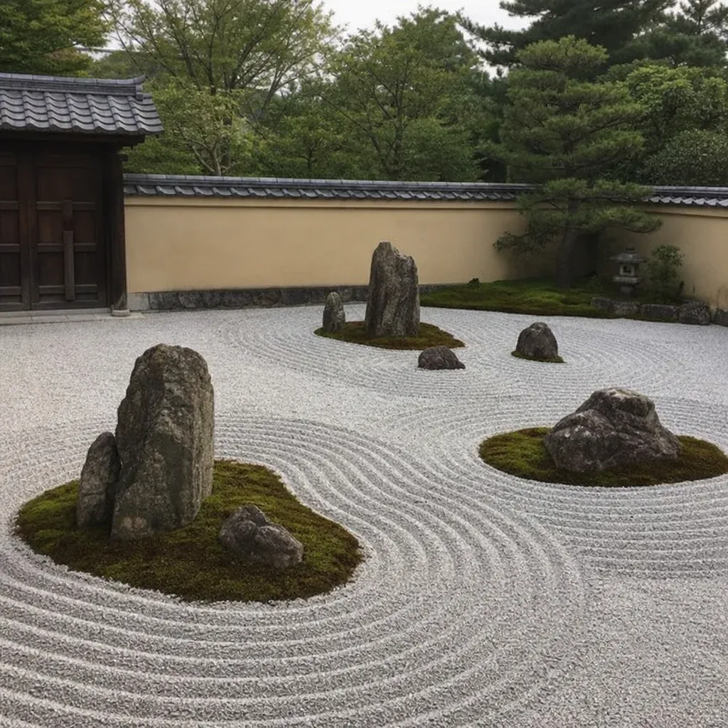 A serene Japanese zen garden utilizing specific rock garden layout principles
