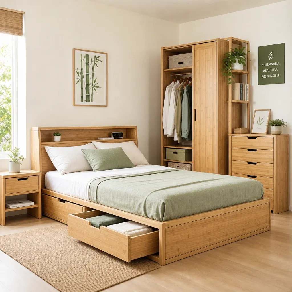 A bright, clutter-free bedroom showcasing sustainable bamboo furniture and smart storage solutions