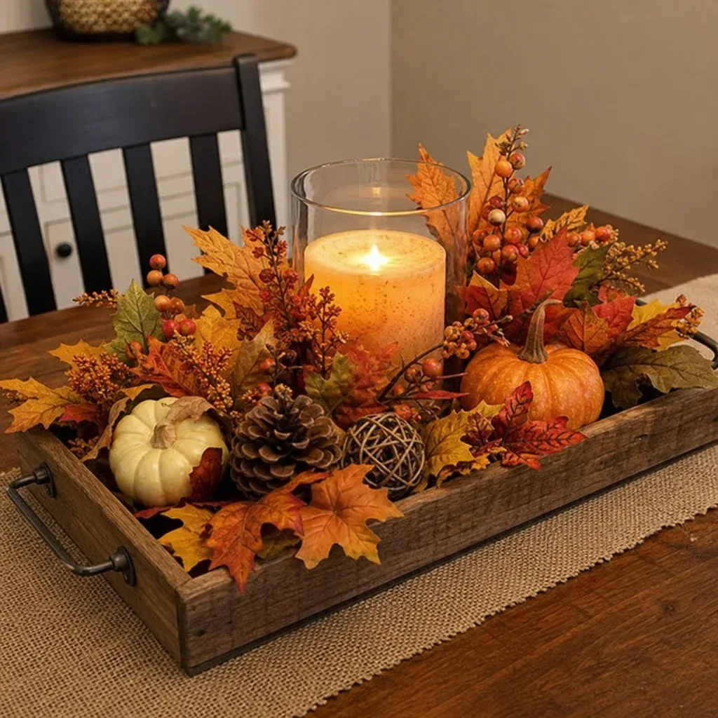 A beautiful DIY fall centerpiece featuring a wooden tray, a glowing candle, and assorted autumn foliage