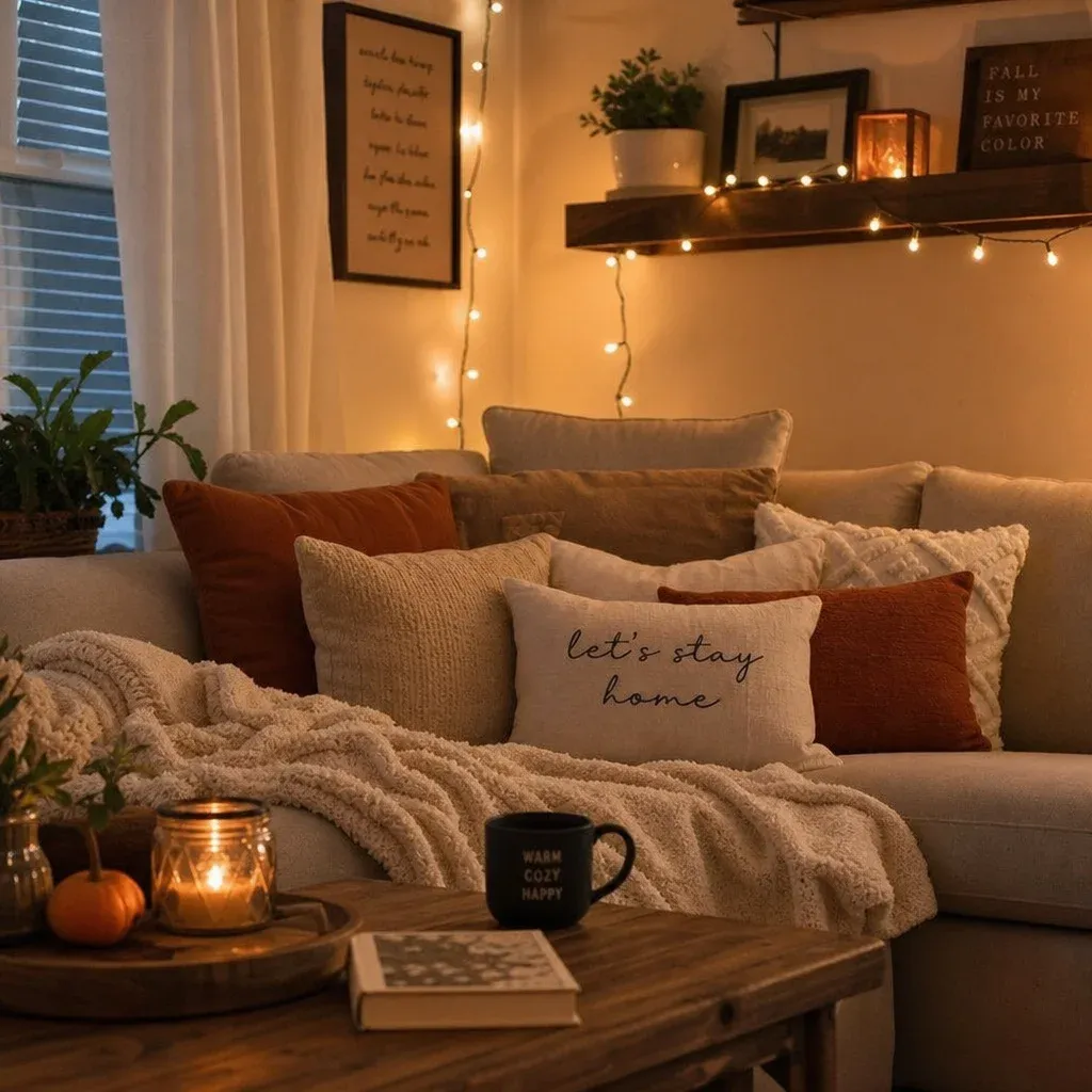 Cozy living room setup featuring layered throw pillows, soft blankets, and warm fairy lights