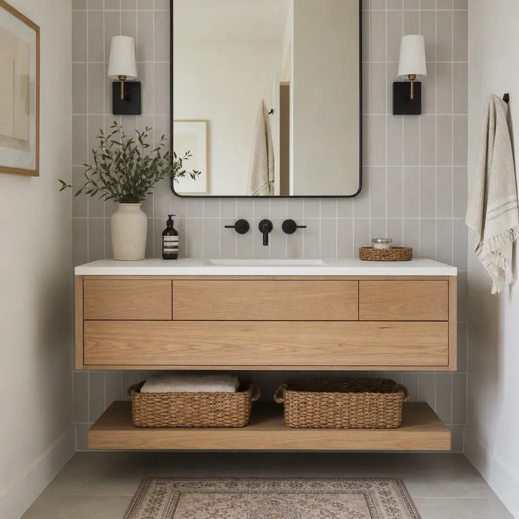 A floating white oak vanity against a subtle gray tiled backsplash, styled with woven baskets