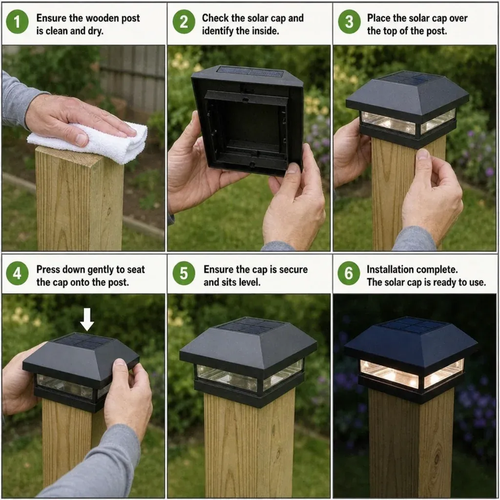 Step by step process of a person installing a solar cap onto a wooden garden post
