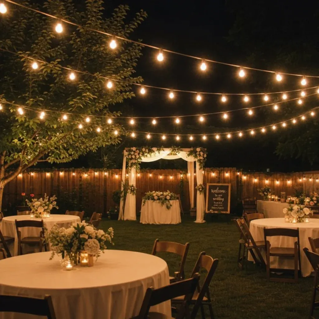 A backyard wedding setup glowing under beautifully hung bistro lights