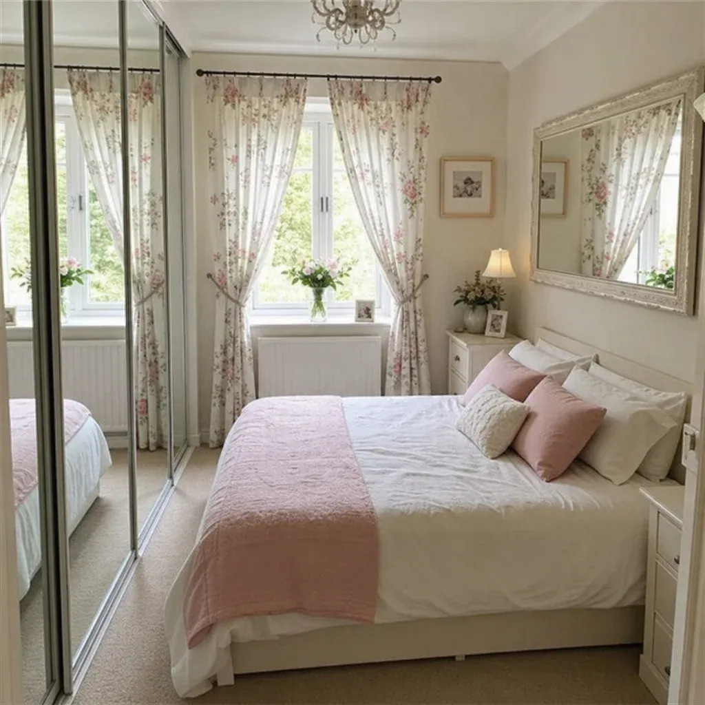 A beautifully styled small bedroom showing smart use of light floral curtains and mirrors to expand the space