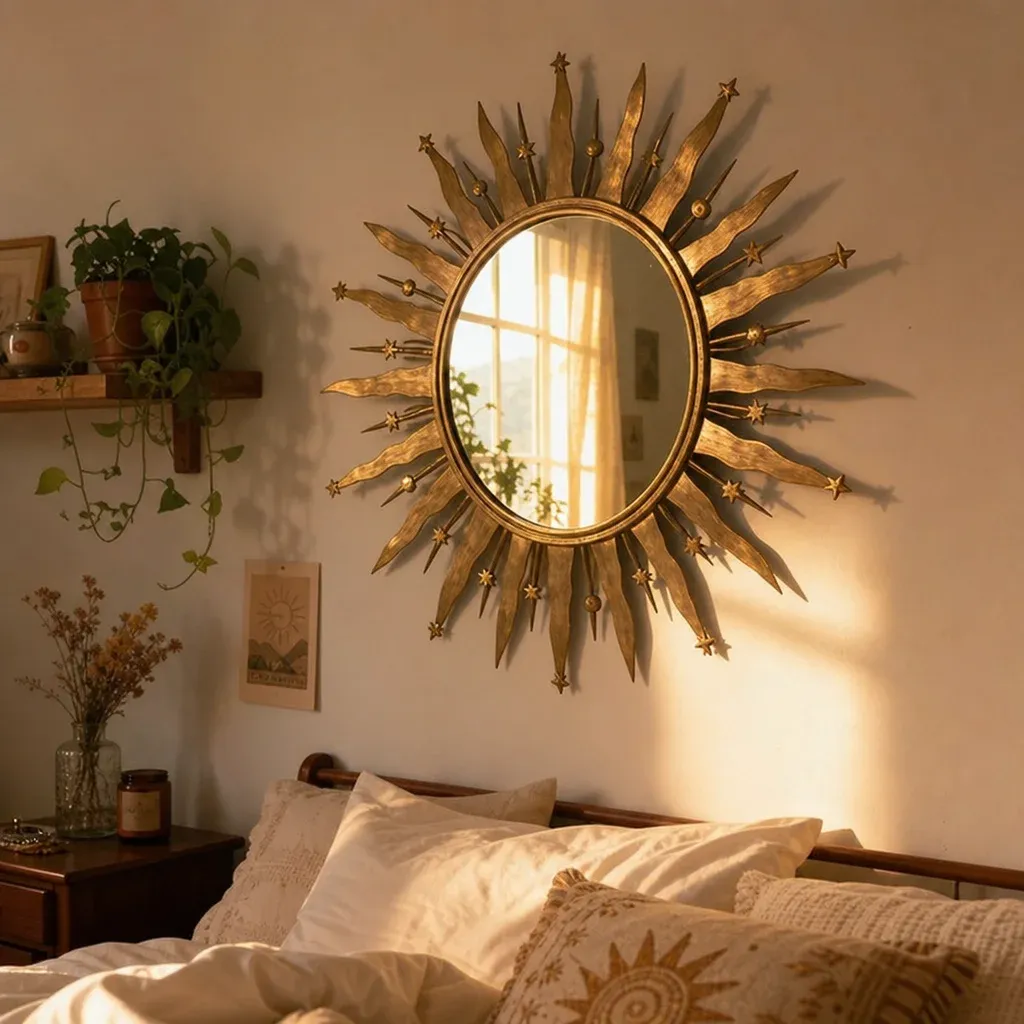 A brass sunburst celestial mirror reflecting warm sunlight in a cozy bedroom