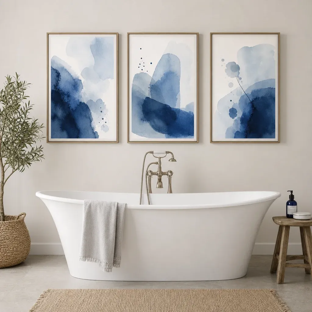 Three framed abstract watercolor paintings in shades of blue hanging above a white freestanding bathtub