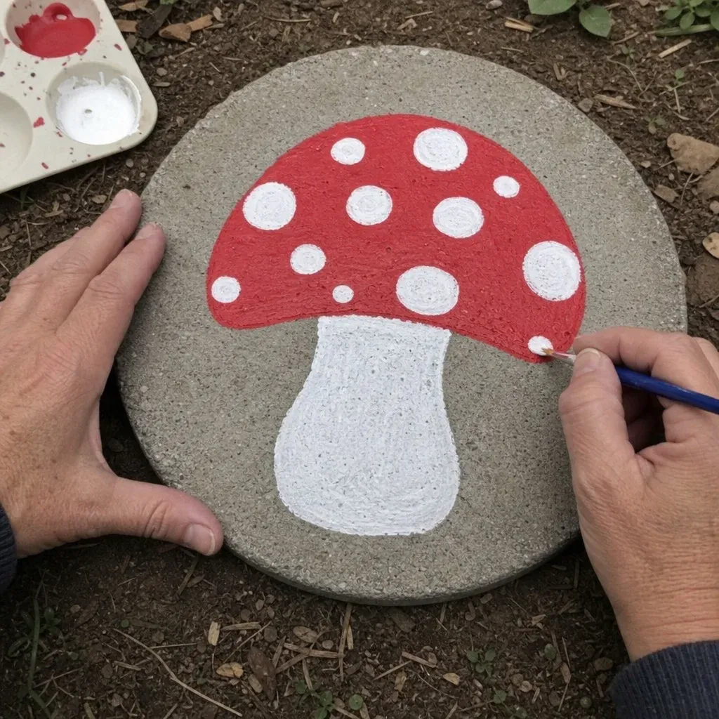 A pair of hands painting a red and white mushroom design onto a concrete stepping stone