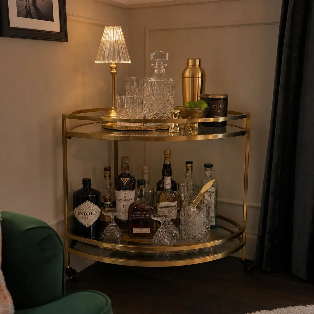 A stylish corner bar cart styled with crystal glassware, premium spirits, a cocktail shaker, and a small decorative lamp