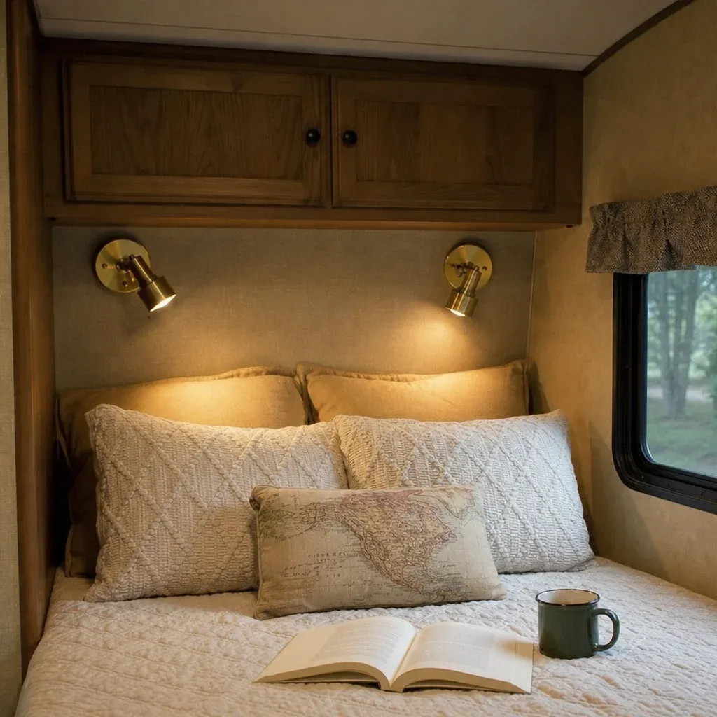 Battery-operated brass reading sconces mounted above a travel trailer bed, illuminating a cozy reading nook