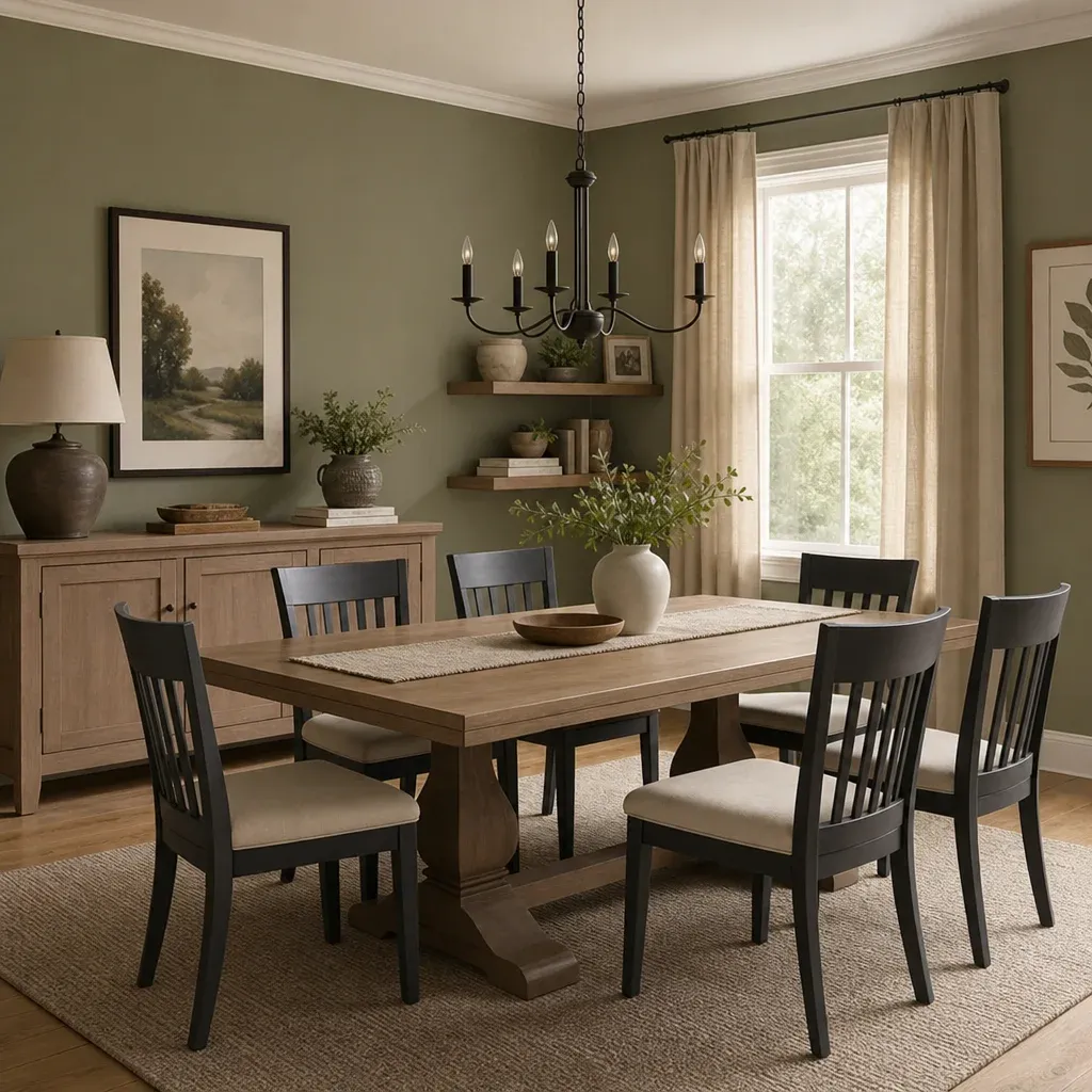 A coordinated dining room showing a cohesive color palette matching the tabletop and walls in English