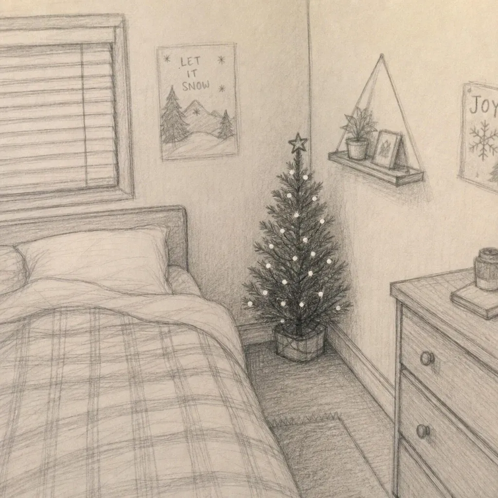 A small pencil Christmas tree tucked into the corner of a compact bedroom
