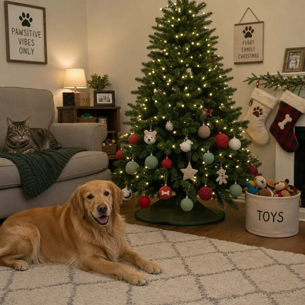 A pet-friendly living room showing a secure Christmas tree with soft, shatterproof ornaments on the bottom branches
