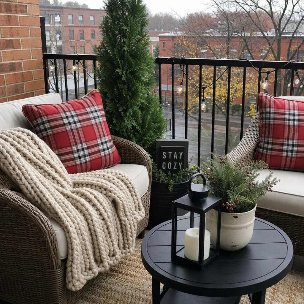 Outdoor seating area on a balcony featuring red waterproof plaid pillows and a thick knit throw blanket