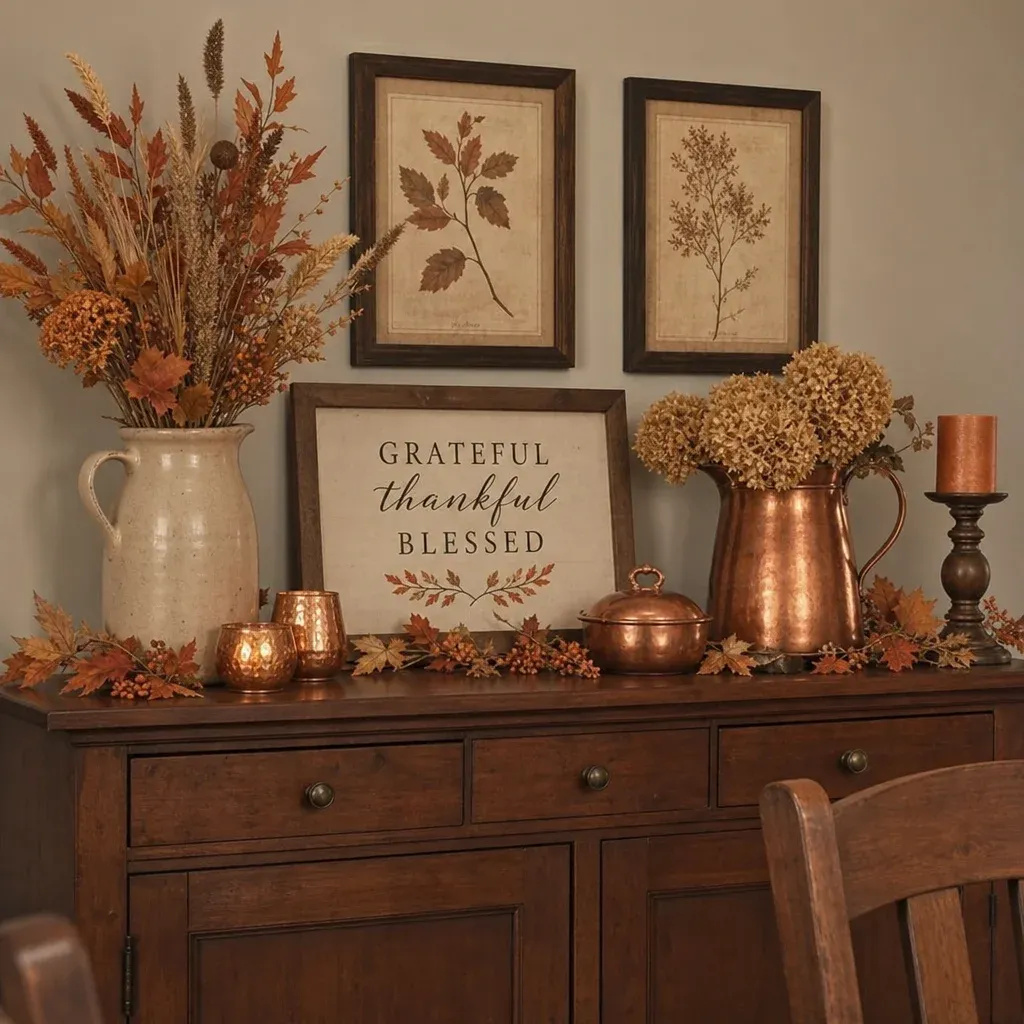 A dining room buffet styled for the autumn season with dried florals and warm copper accents in English