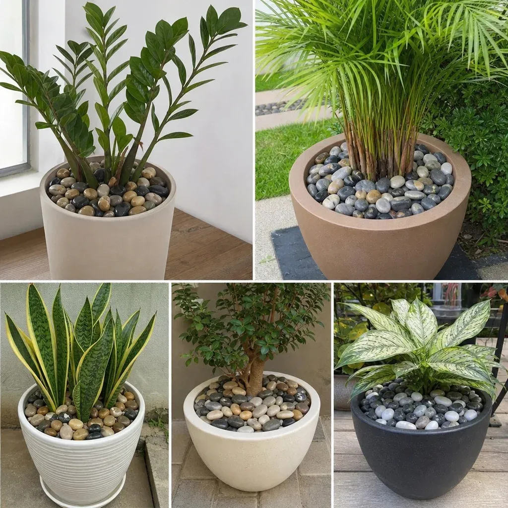 Potted indoor and outdoor plants featuring top dressings of polished river pebbles