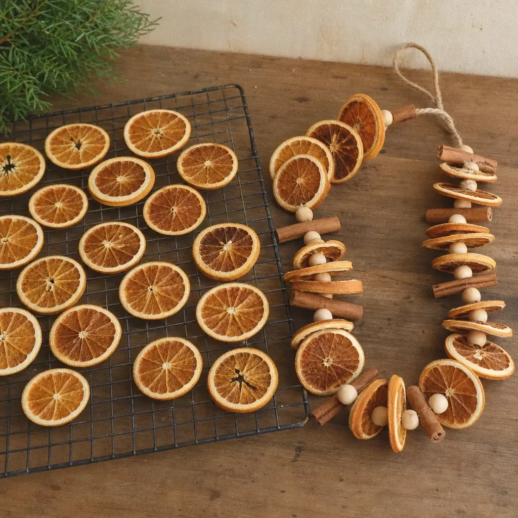 Slices of oranges drying on a wire rack next to a finished rustic citrus garland