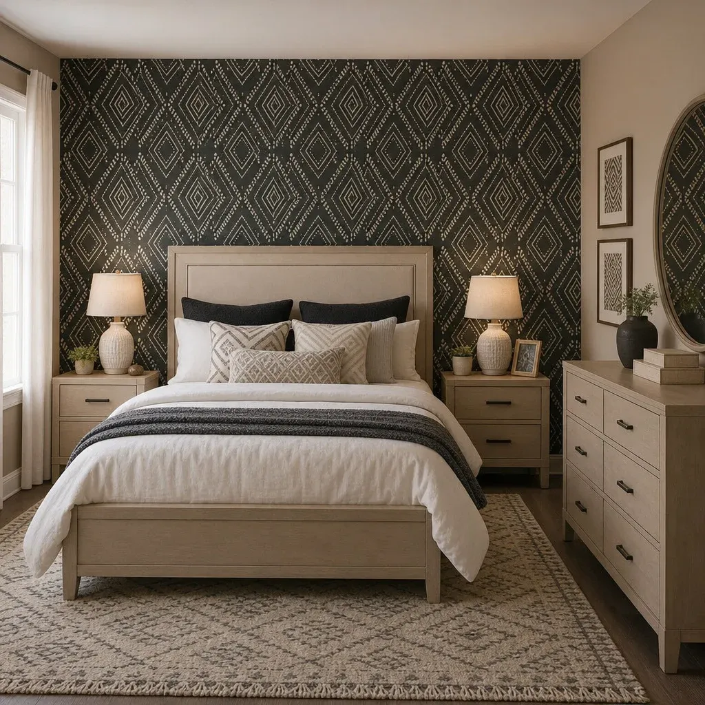A beautifully styled bedroom showcasing neutral furniture perfectly coordinated with a bold, patterned accent wall