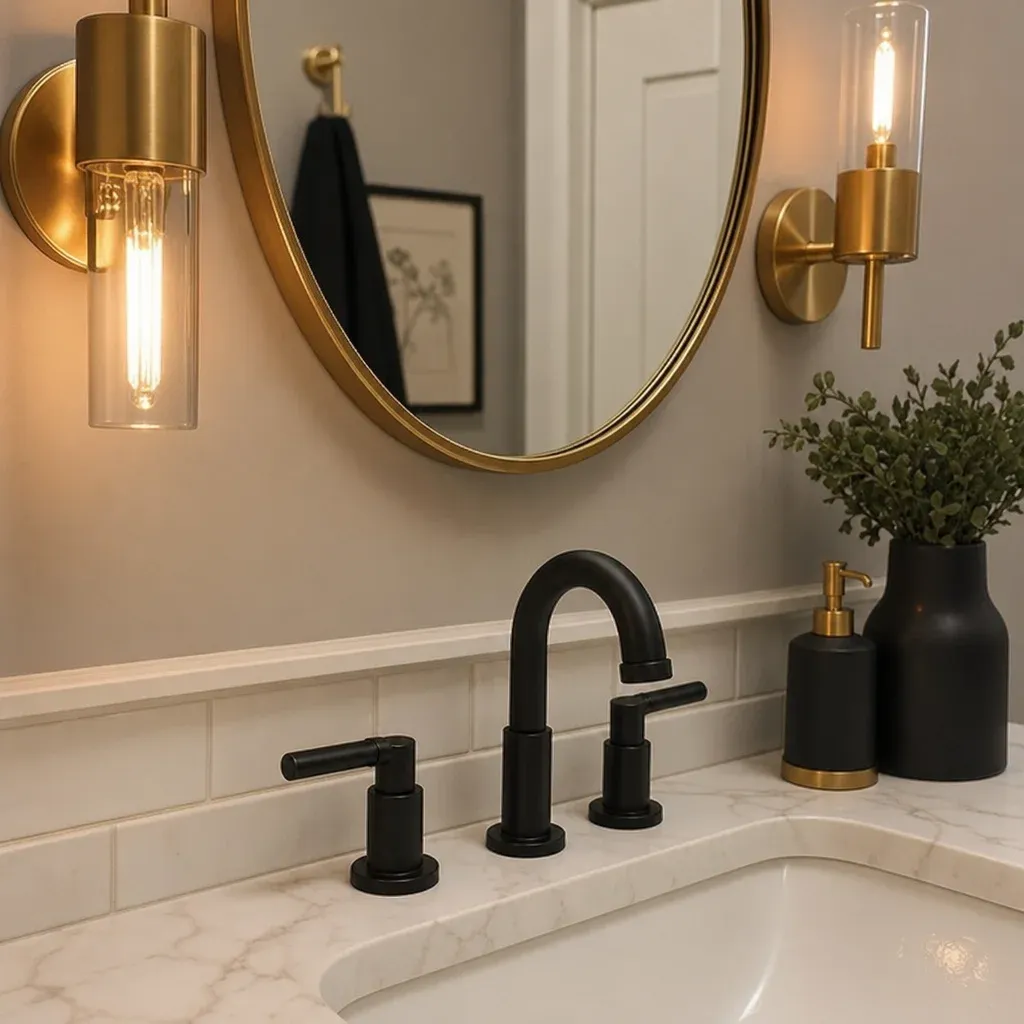 A close-up of a bathroom sink showing a mix of brushed gold lighting fixtures and matte black faucets