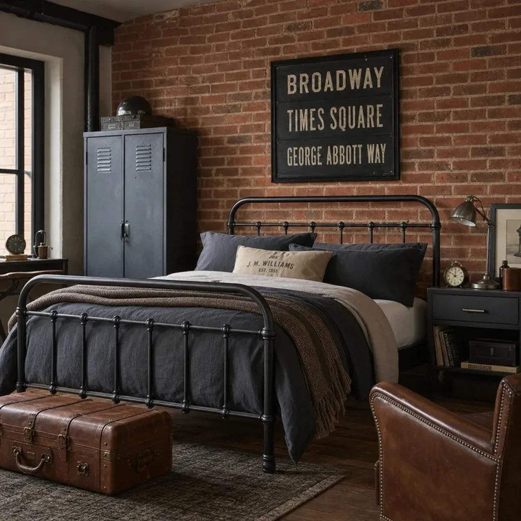 An industrial style bedroom featuring a black metal bed frame, exposed brick, and vintage leather accessories