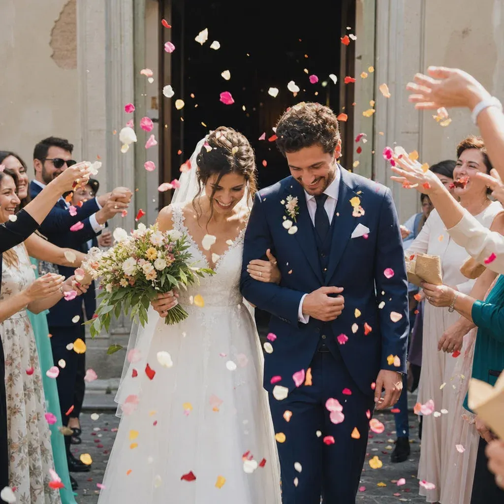 Guests tossing biodegradable flower petals over a newlywed couple