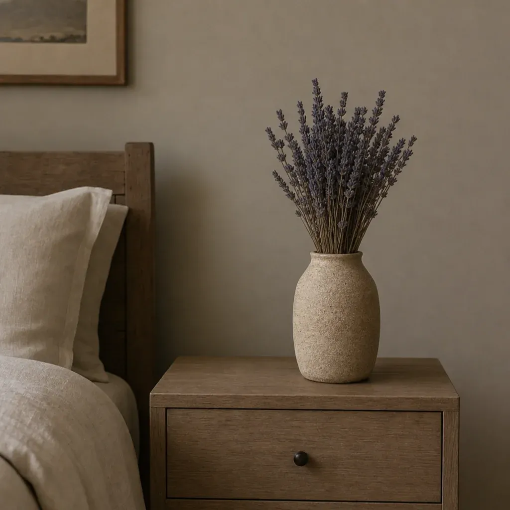 A minimalist nightstand featuring a simple dried lavender arrangement in a textured clay vase