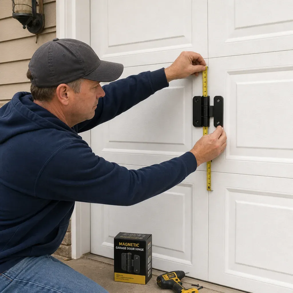A homeowner carefully measuring and applying a magnetic hinge to a white garage door