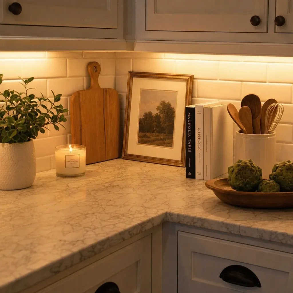 Warm under cabinet lighting illuminating a beautifully styled corner of a kitchen counter