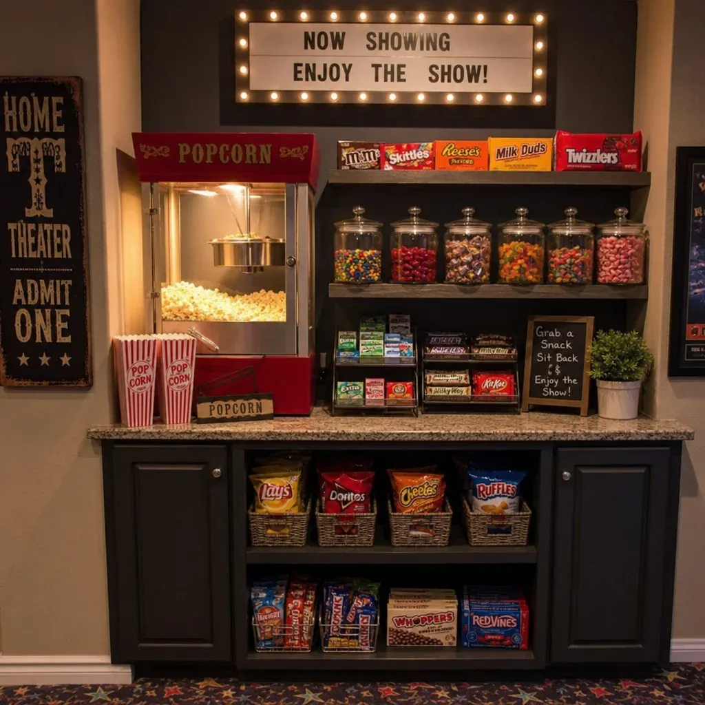 A well-stocked DIY home theater snack bar with a popcorn machine and glass candy jars
