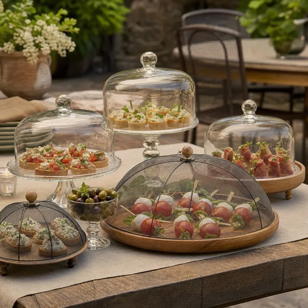 Elegant glass cloches and mesh covers protecting a beautiful spread of outdoor appetizers