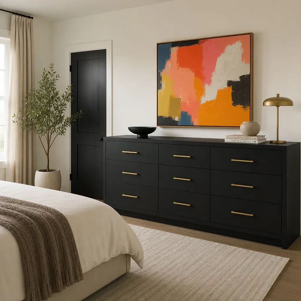 An oversized black dresser in a minimalist bedroom accented with brushed brass hardware and a bright abstract painting